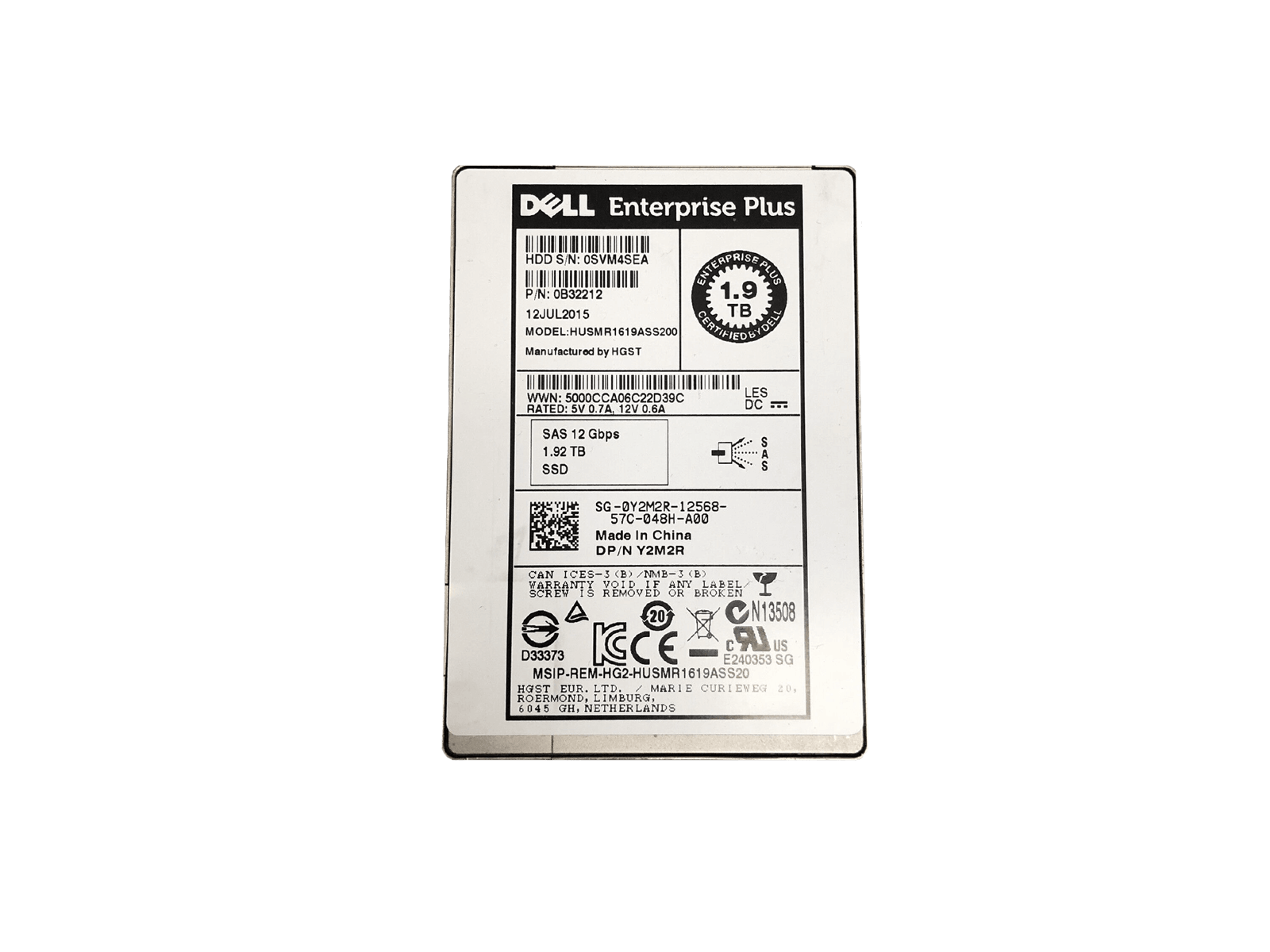 Dell Y2M2R/0B32212 1.92TB SAS 12Gb/s 2.5" SFF Read Intensive MLC SSD Solid State Drive