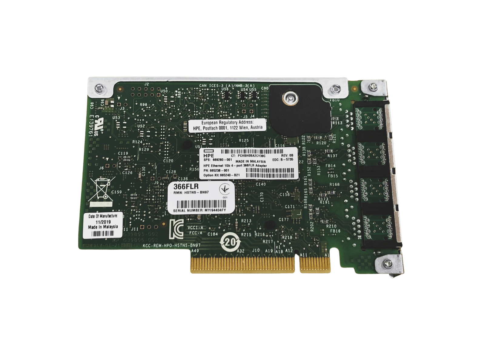HPE Quad Port Ethernet Adapter Gigabit 1Gb 4-Port 366FLR 4x RJ45 665240-B21 NIC