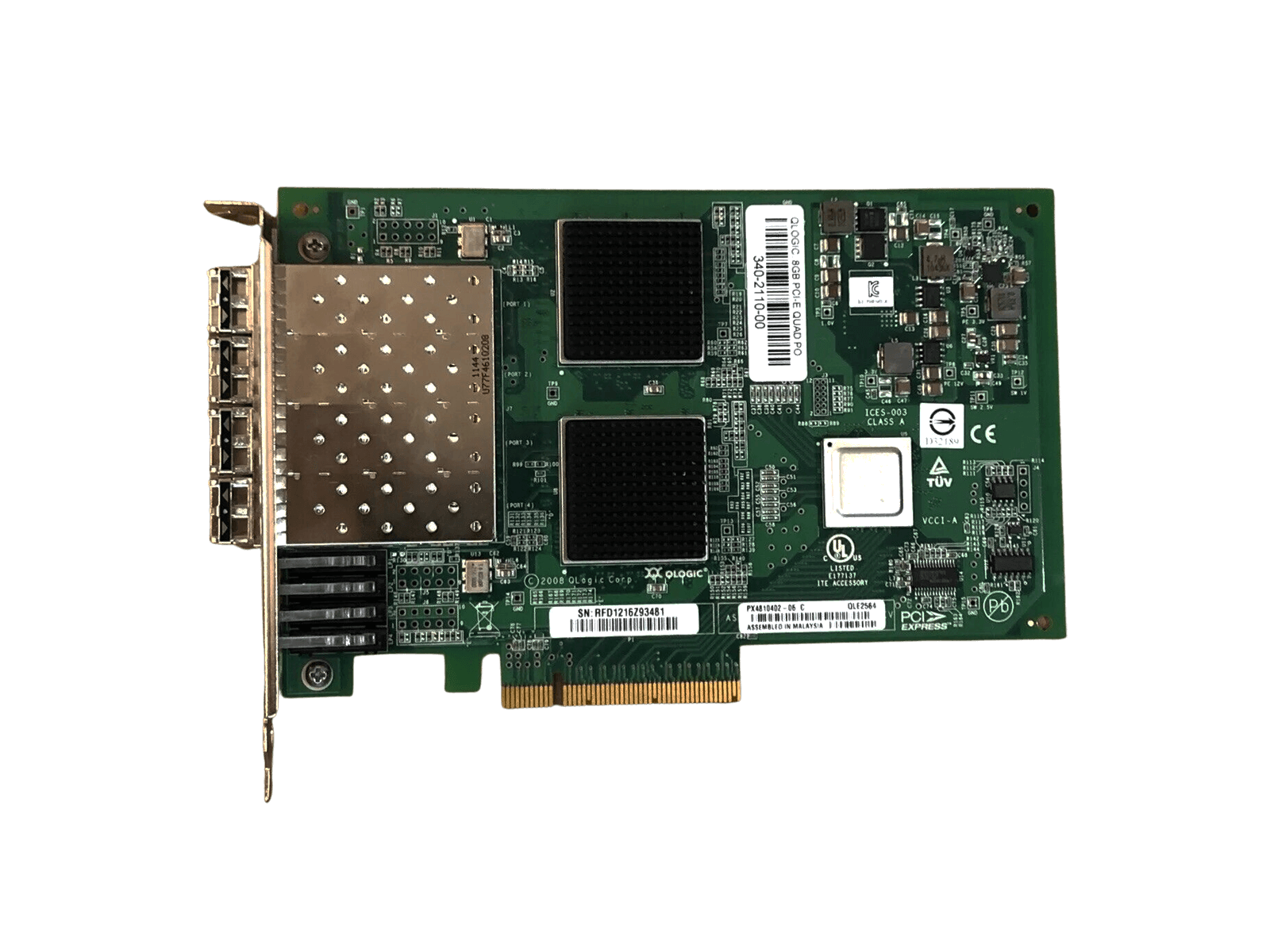 QLogic QLE2564 Quad Port FC HBA PCI-E 4 Port + 4x 8Gb Transceivers Fiber Channel 340-2110-00.