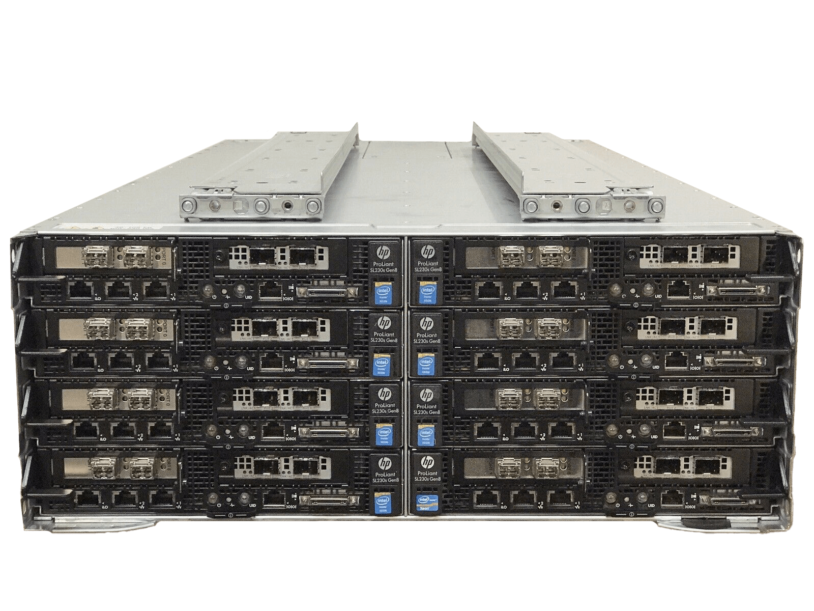 HP ProLiant S6500 8x SL230s 16x E5-2650V2 4096GB 4TB 16x 200GB SSD 10GbE 8Gb FC.