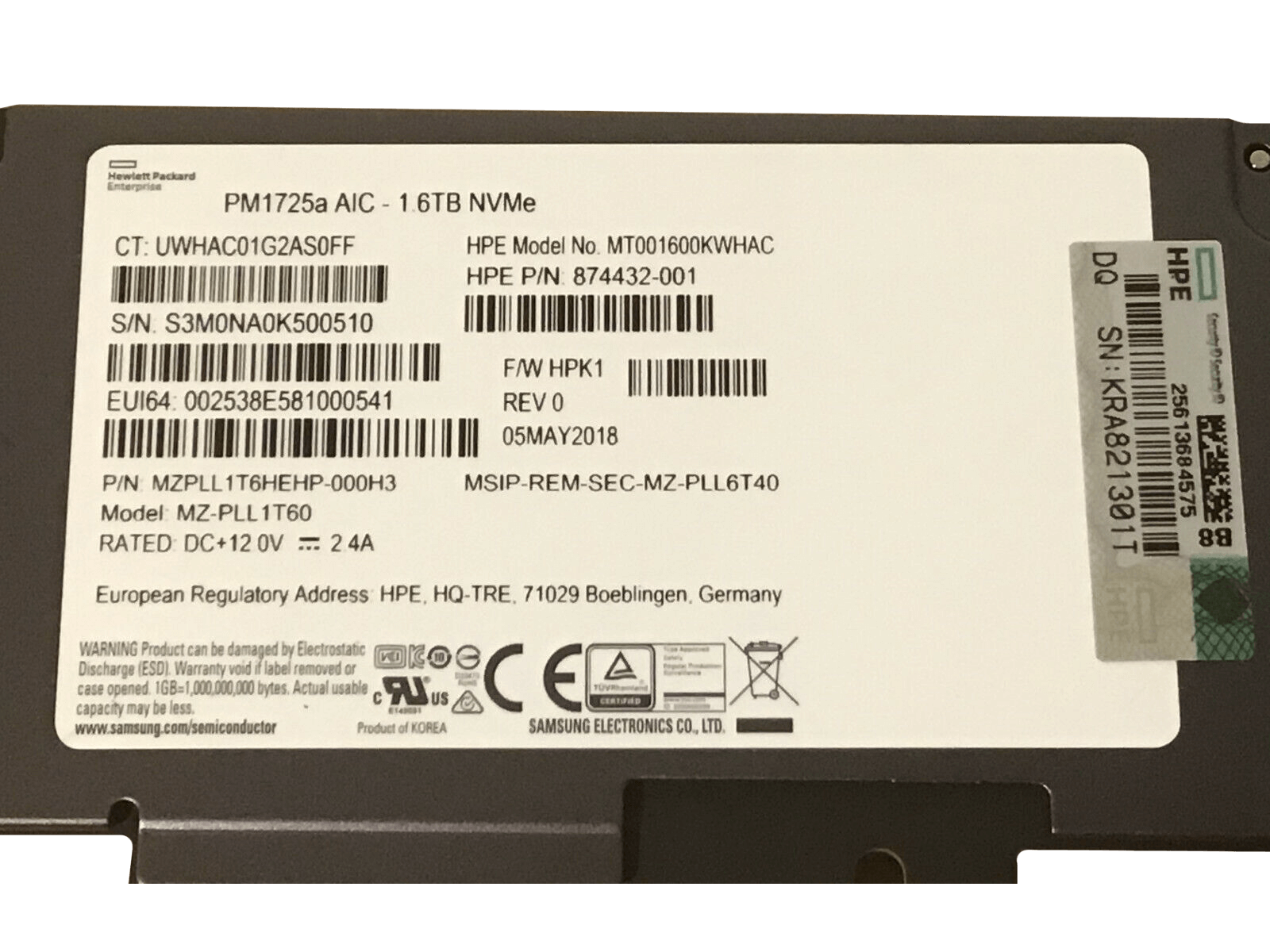 HPE 874432-001 1.6TB PCIe NVMe AIC HHHL MU (Mixed Use) AIC SSD Solid State Drive