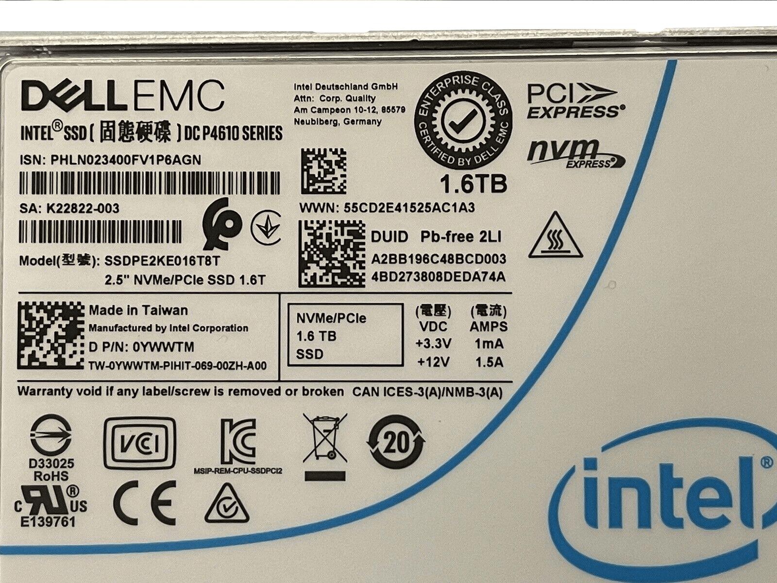 Dell 0YWWTM 1.6TB U.2 NVMe 2.5" SFF Mixed Use TLC SSD Solid State Drive