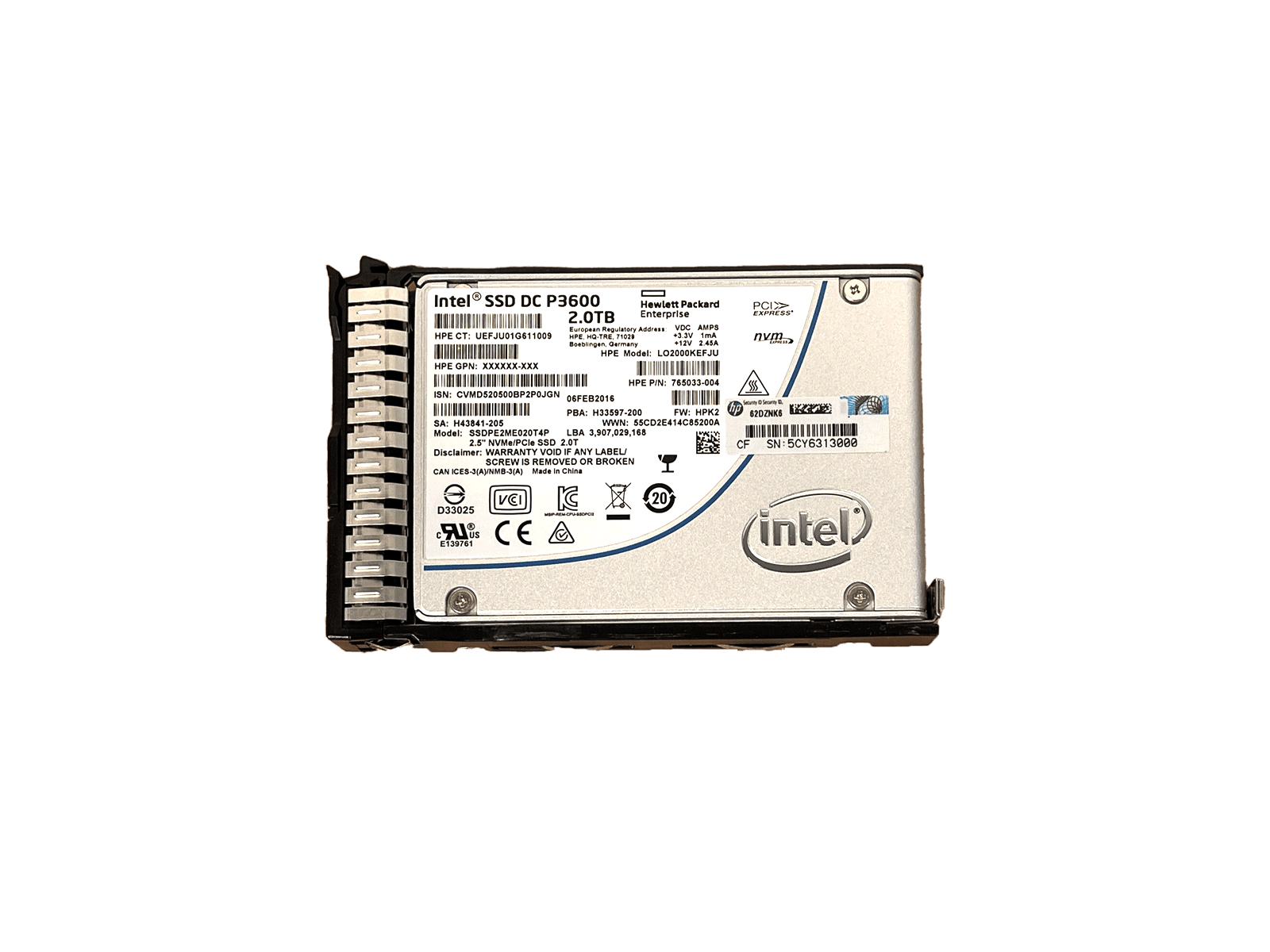 HPE 765066-001 2TB U.2 NVMe 2.5" SFF Mixed Use SCN MLC SSD Solid State Drive