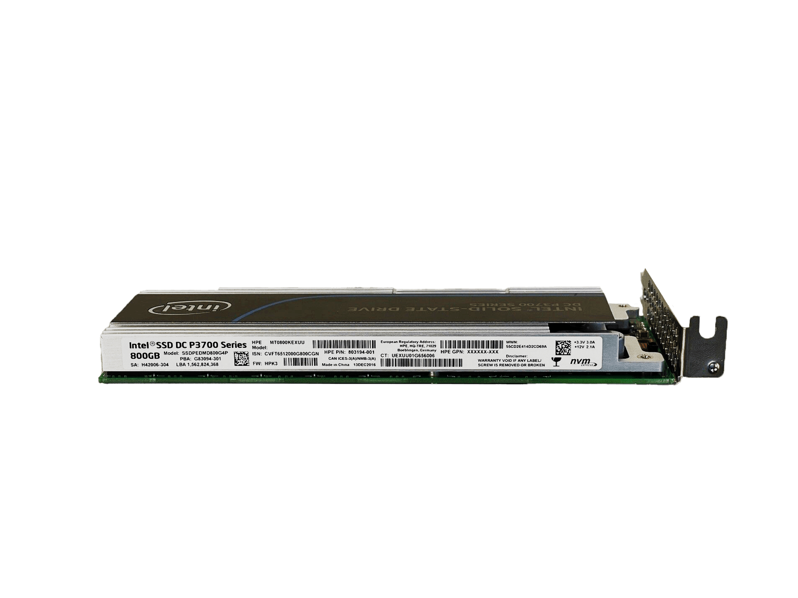 HPE Intel DC P3700 800GB NVMe Accelerator HHHL AIC 10 DWPD 14.6 PBW 100% 137 POH.