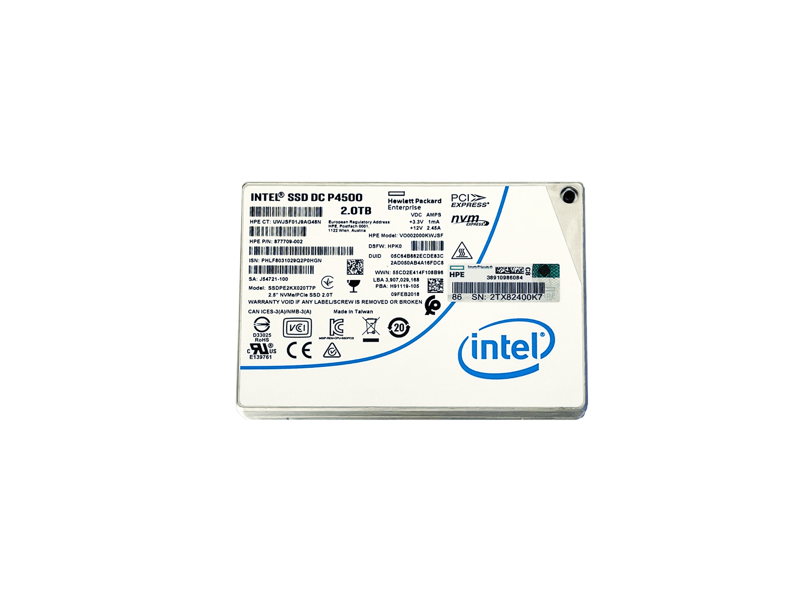 HPE 877709-002 2TB U.2 NVMe 2.5" SFF Read Intensive MLC DS SSD Solid State Drive