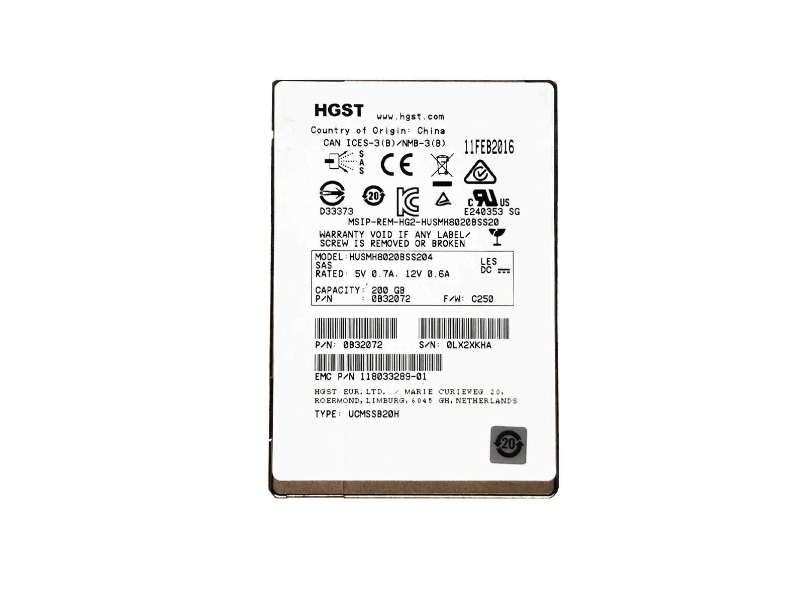 HGST 0B32072 200GB SAS 12Gb/s 2.5" SFF Write Intensive MLC SSD Solid State Drive