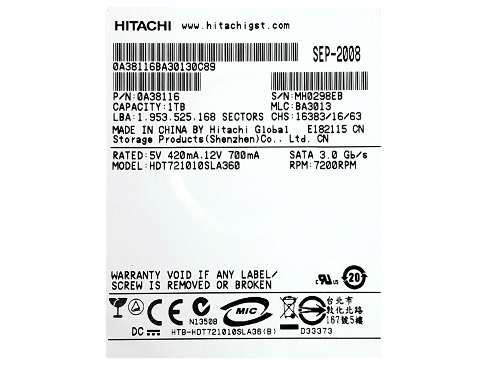 Hitachi 0A38116 1TB SATA 3Gb/s 7.2K rpm 3.5" LFF HDD Hard Disk Drive