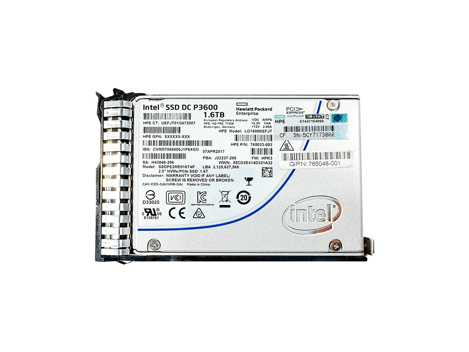 HPE 765065-001 1.6TB U.2 NVMe 2.5" SFF Mixed Use SCN MLC SSD Solid State Drive