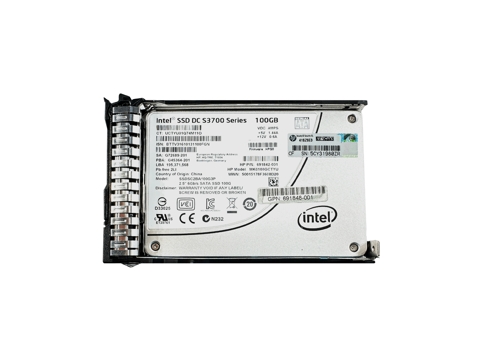 HPE 692164-001 100GB SATA 6Gb/s 2.5" SFF Write Intensive SC MLC SSD Solid State Drive