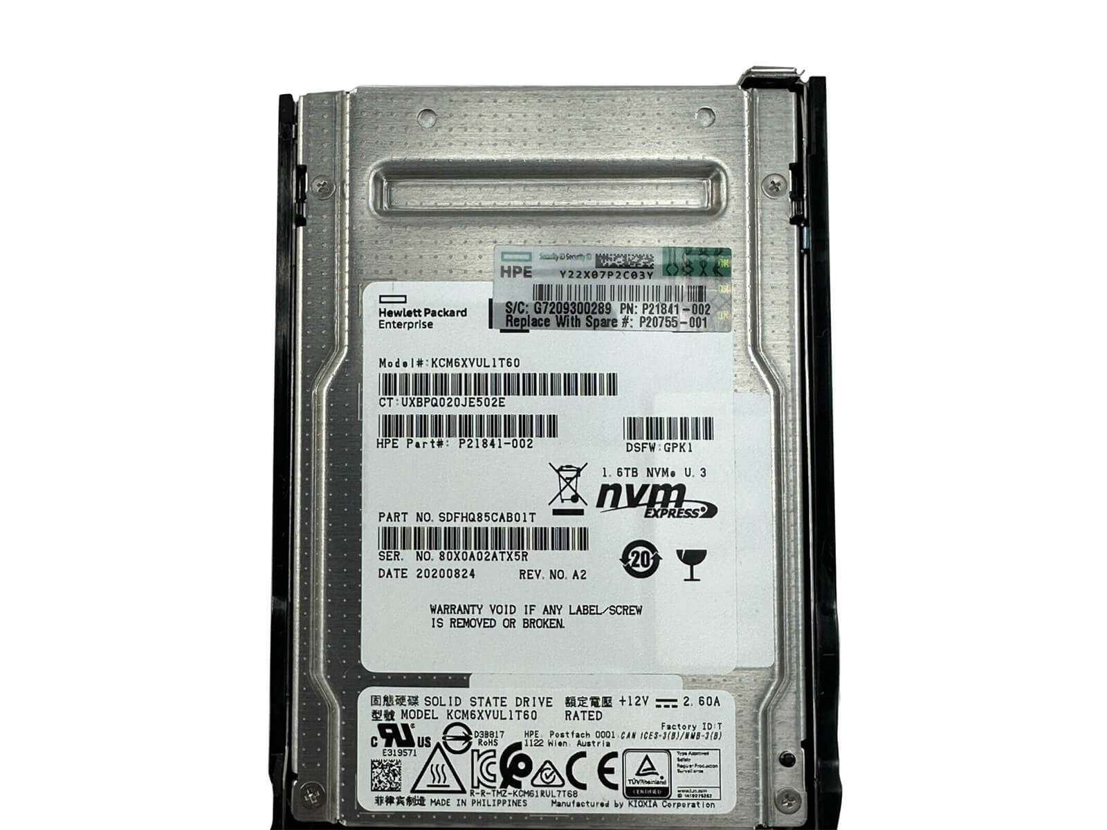 HPE P20755-001 1.6TB U.3 NVMe 2.5" SFF Mixed Use SCN TLC SSD Solid State Drive