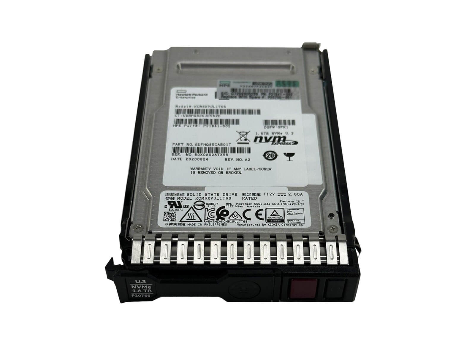 HPE P20755-001 1.6TB U.3 NVMe 2.5" SFF Mixed Use SCN TLC SSD Solid State Drive