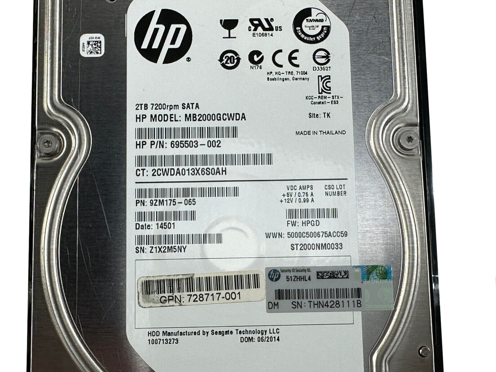 HP 728760-001 2TB SATA 6Gb/s 7.2K rpm 3.5" LFF SC MDL 512n HDD Hard Disk Drive