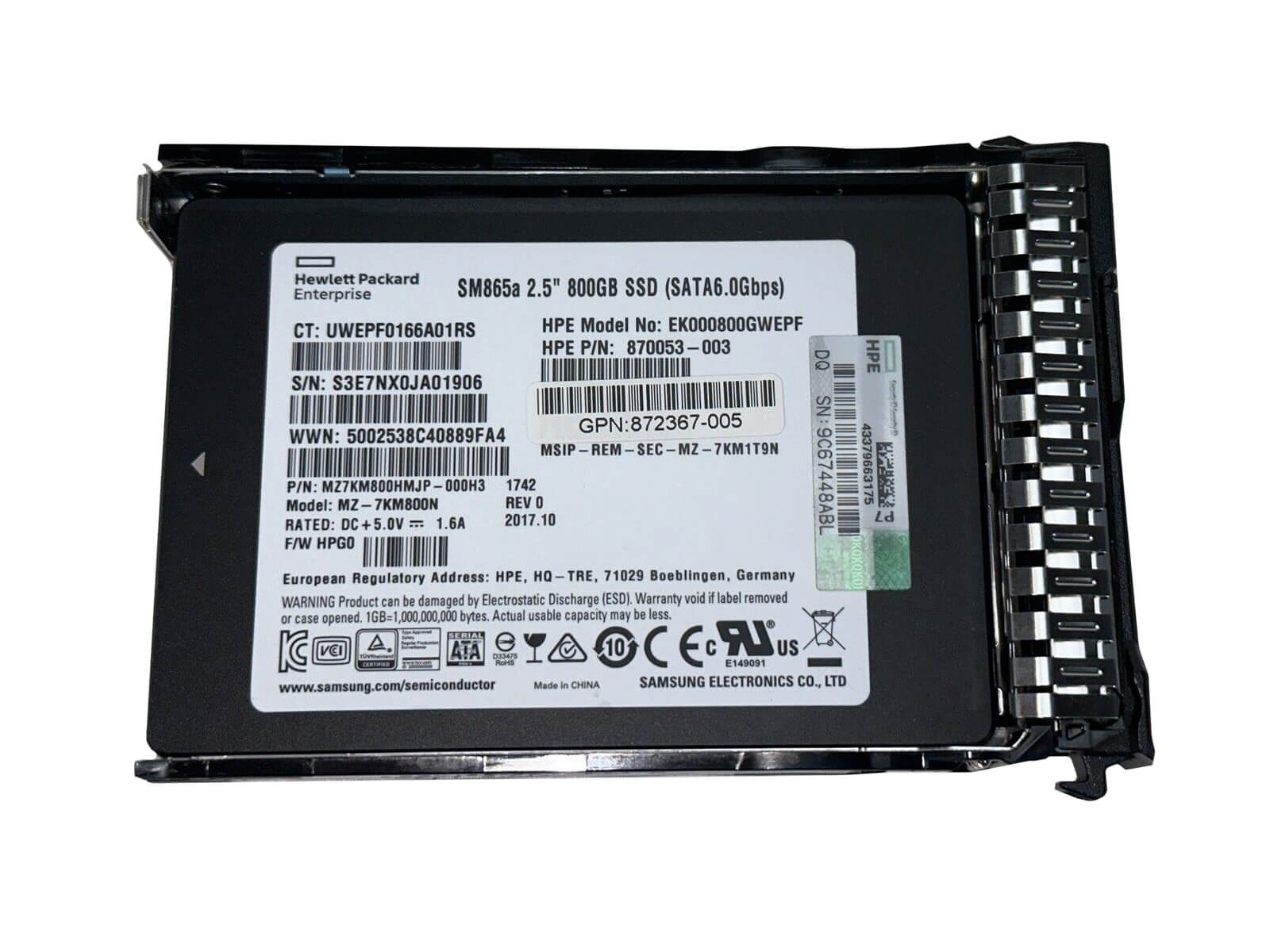 HPE 872514-001 800GB SATA 2.5" SFF Write Intensive SC MLC SSD Solid State Drive