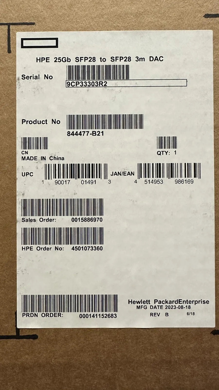 HPE 844477-B21 25Gb SFP28 to SFP 28 3m DAC Direct Attach Copper Cable 25G SFP+