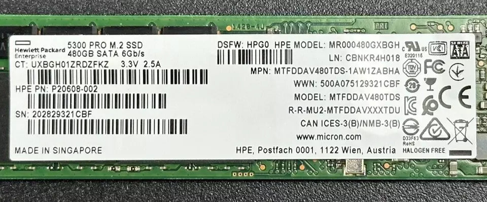 HPE Micron 5300 Pro 480GB M.2 2280 SATA Solid State Drive SSD P20608-002 6Gb/s