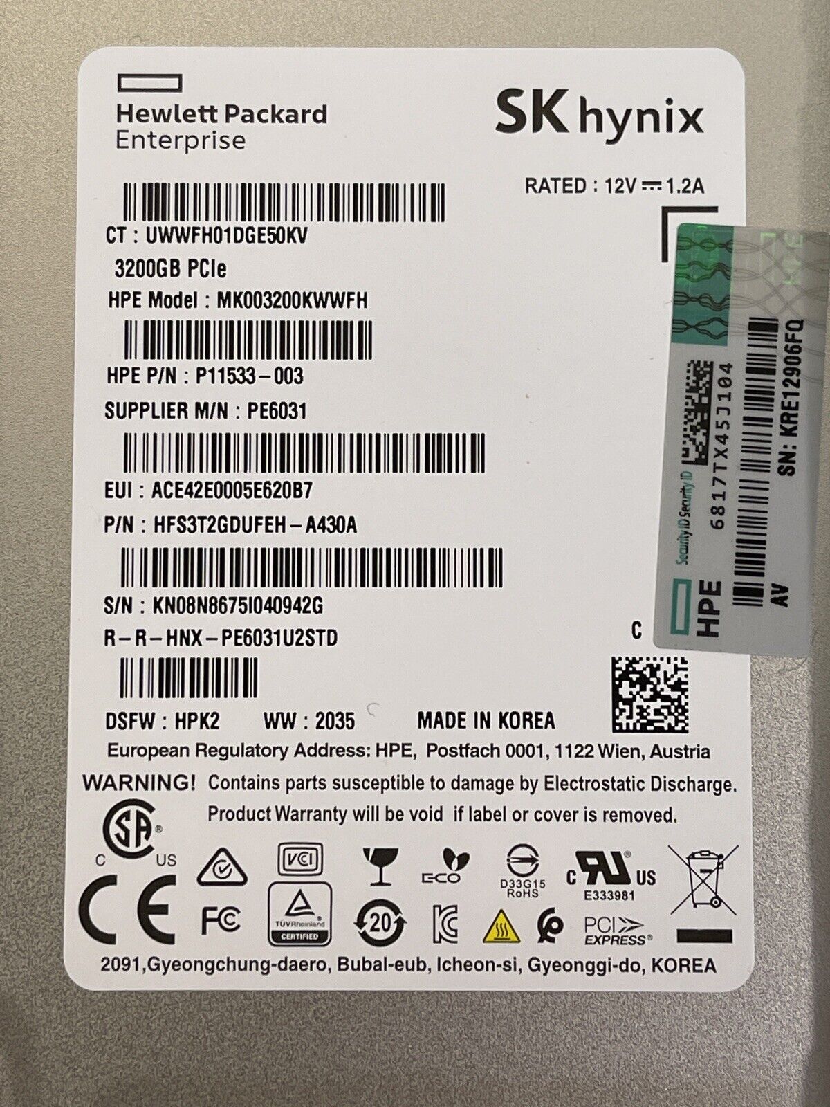 HPE P13828-001 3.2TB U.2 NVMe 2.5" SFF Mixed Use SCN TLC SSD Solid State Drive