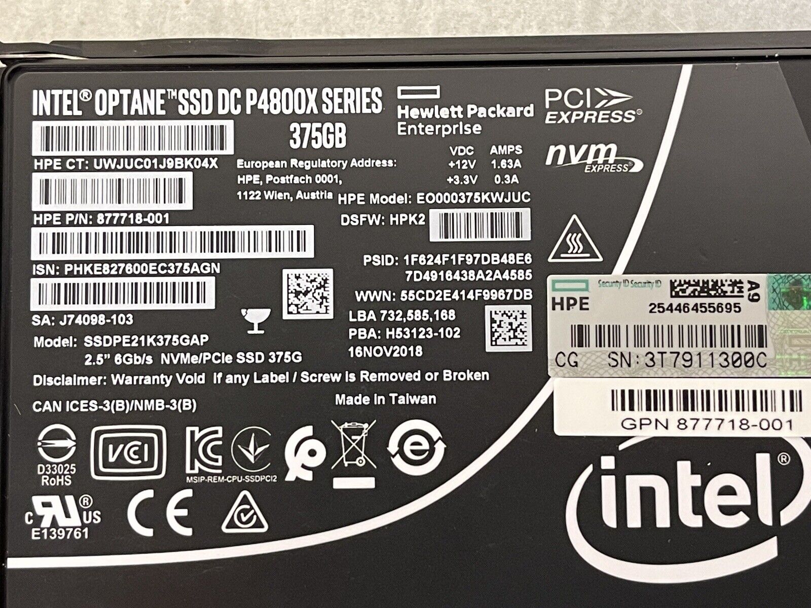 HPE P02559-001 375GB U.2 NVMe 2.5" SFF Write Intensive SCN 3D Xpoint SSD Solid State Drive