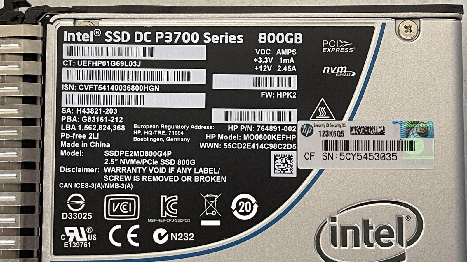 HPE 765060-001 800GB U.2 NVMe 2.5" SFF Write Intensive SCN MLC SSD Solid State Drive