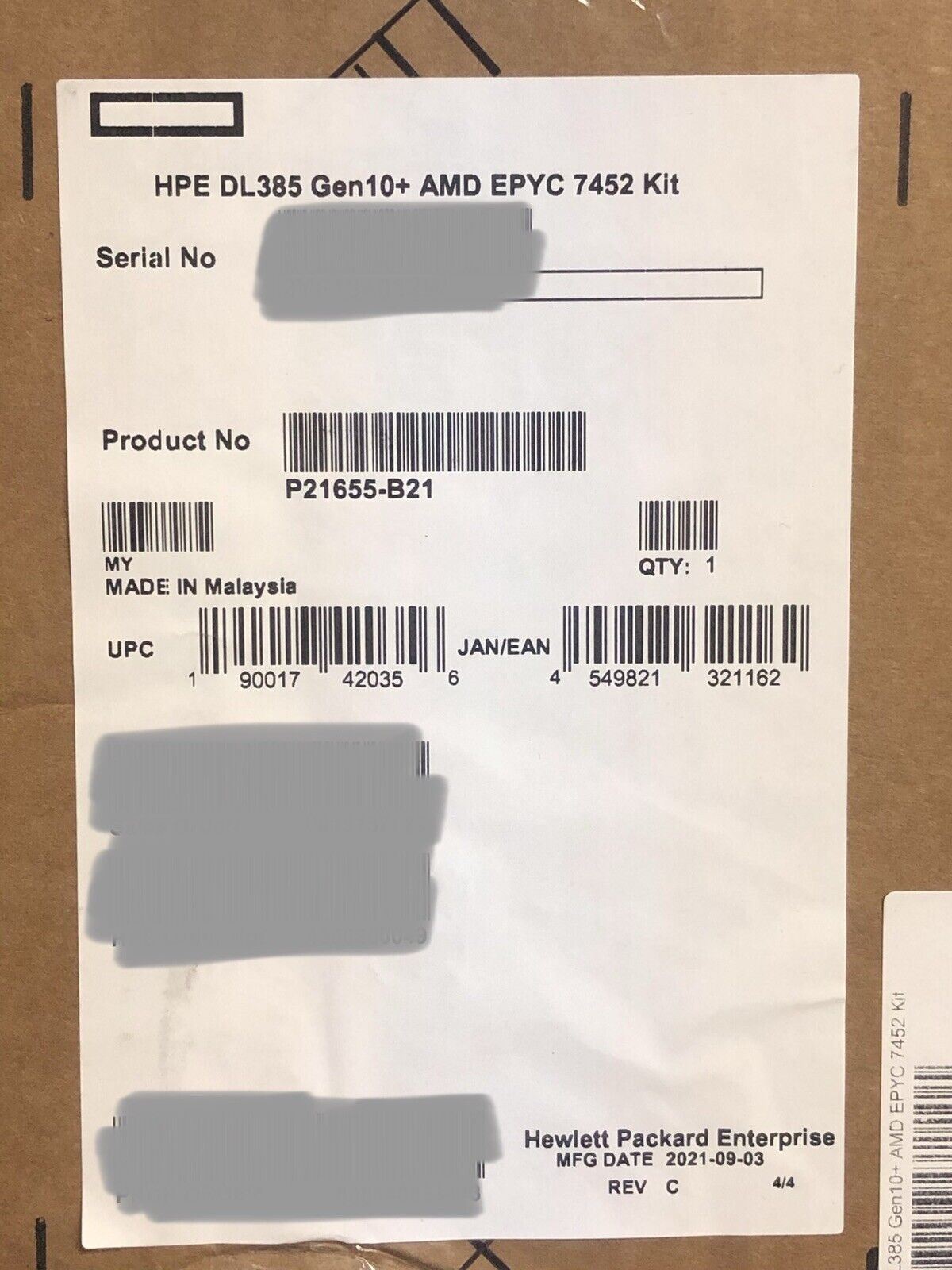 HPE P21655-B21 DL385 Gen10 Plus AMD EPYC 7452 32 Core 2.35GHz CPU Kit w/ Heatsink + 2x Fans.