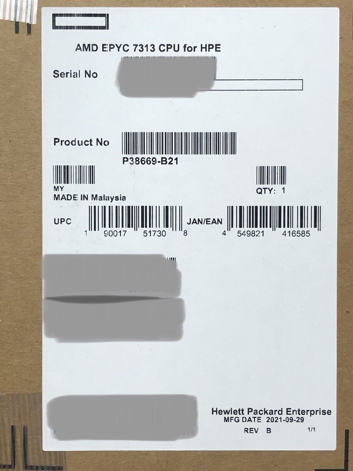 HPE P38669-B21 AMD EPYC Milan 7313 16-Core 3GHz 128MB SP3 Socket 155W Processor CPU