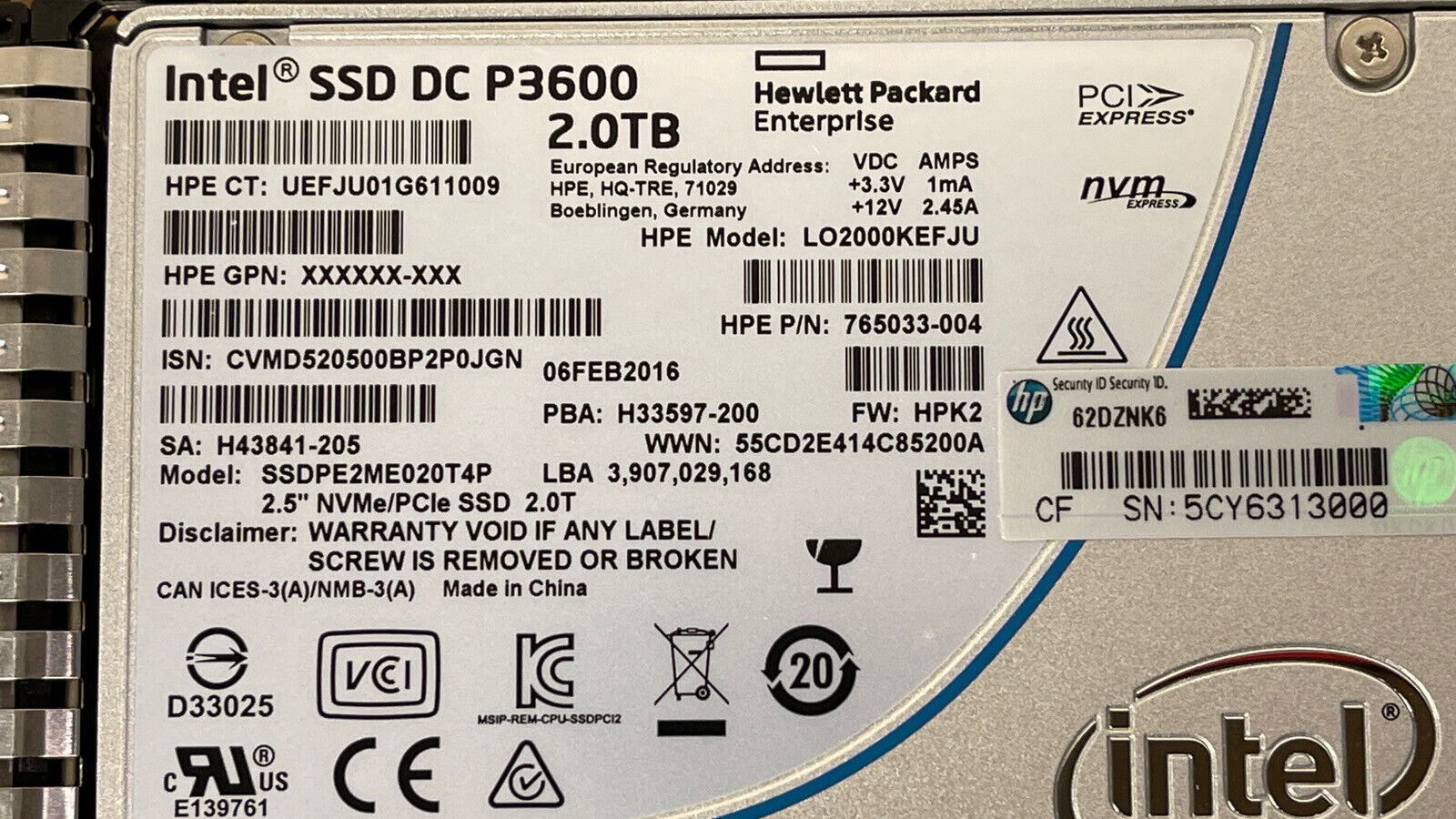 HPE 765066-001 2TB U.2 NVMe 2.5" SFF Mixed Use SCN MLC SSD Solid State Drive