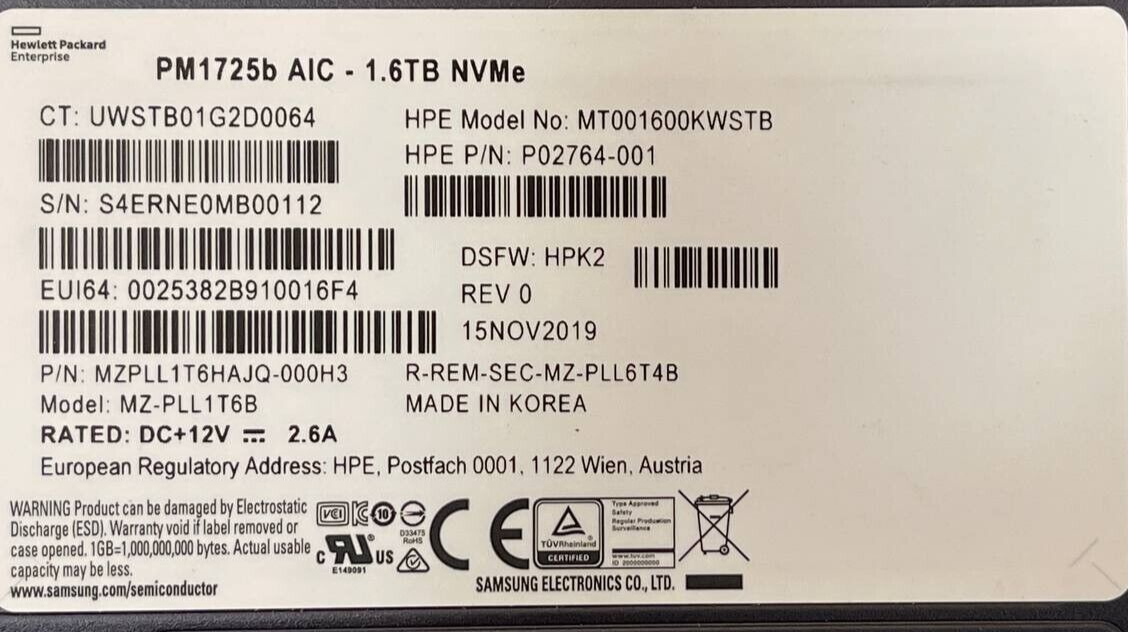 HPE P02764-001 1.6TB PCIe NVMe AIC HHHL Mixed Use AIC TLC SSD Solid State Drive