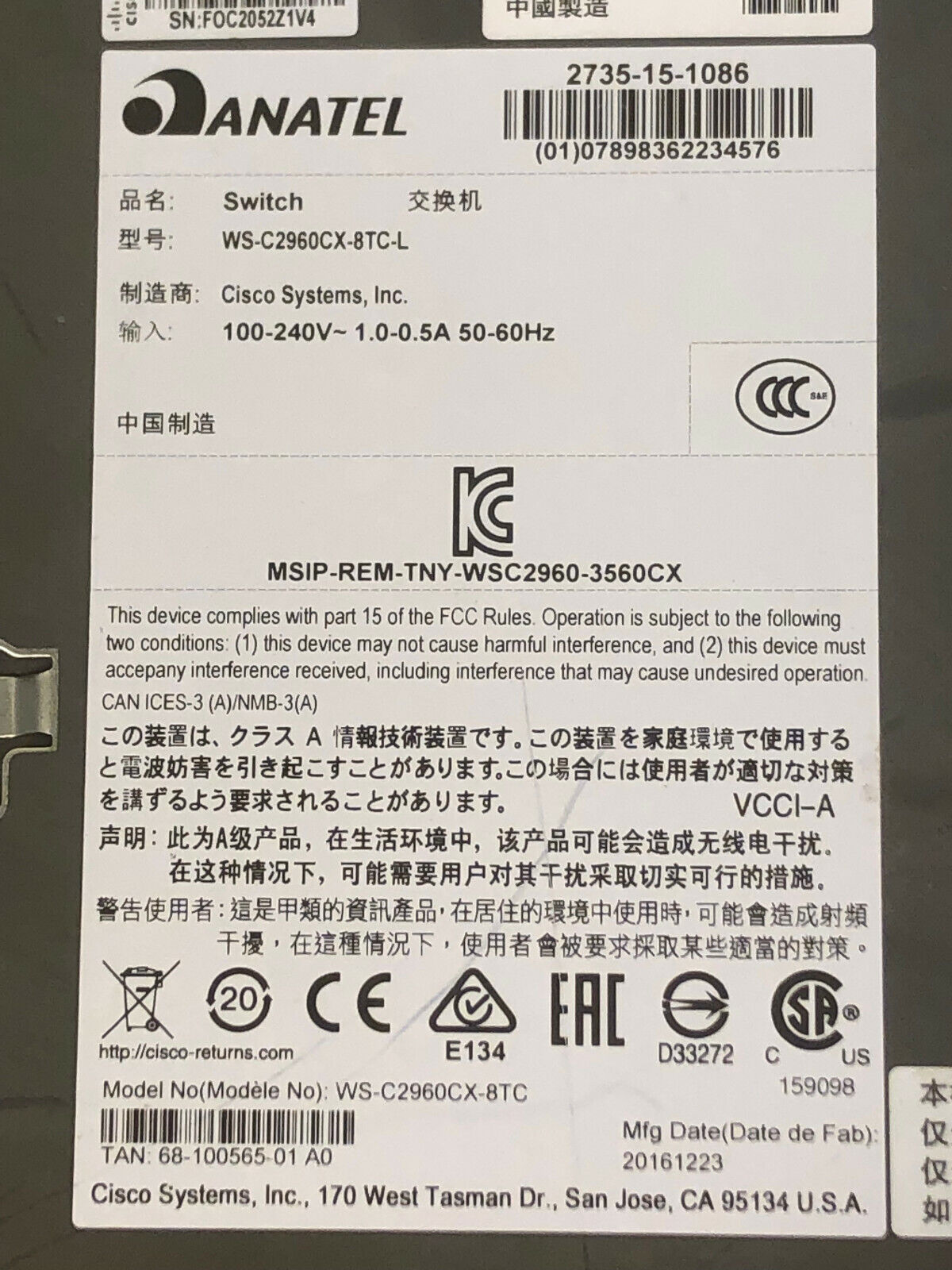 Cisco Catalyst 2960-CX WS-C2960CX-8TC-L 8 Port Ethernet Switch 10x RJ45 2x SFP