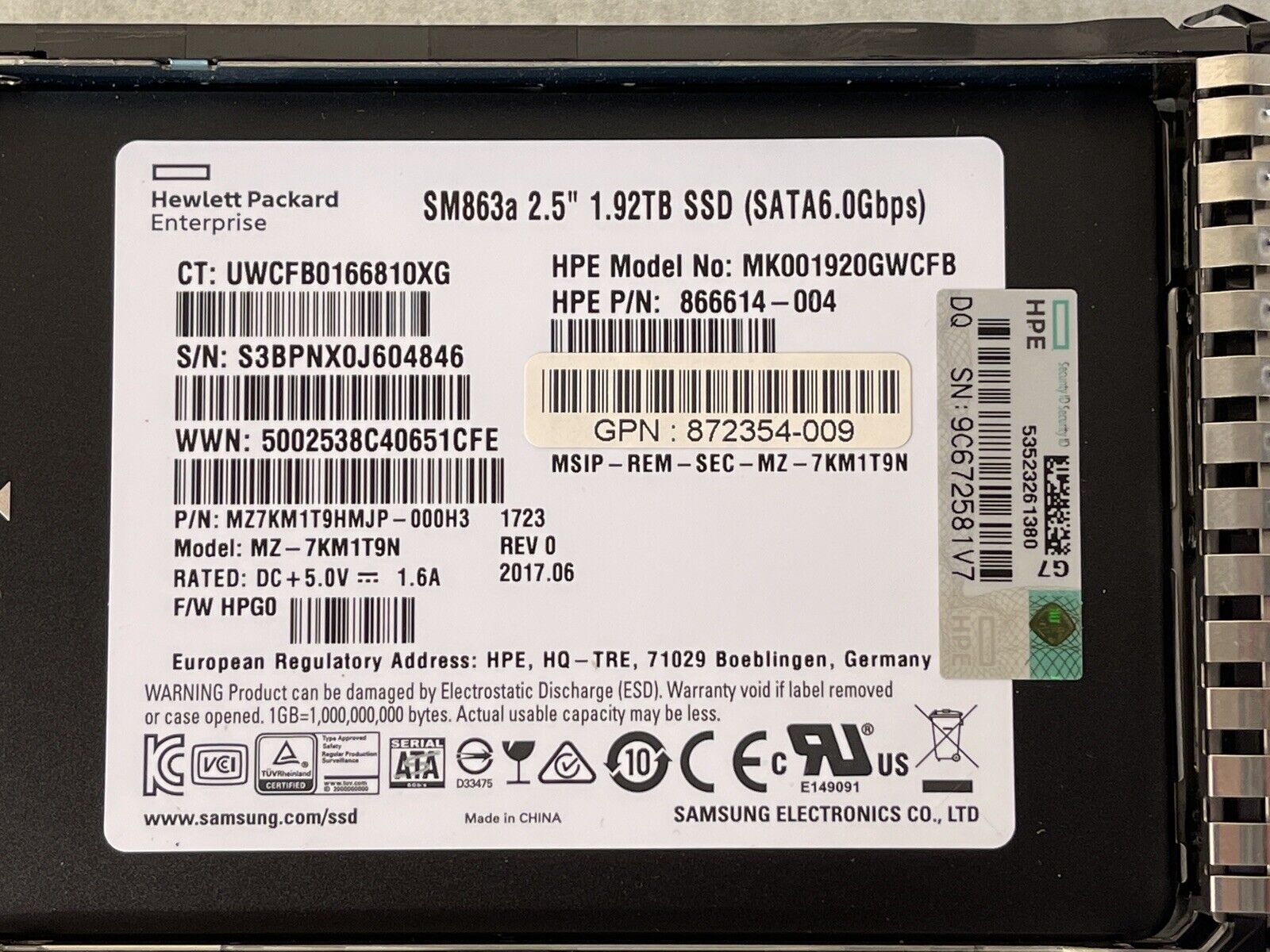 HPE 872522-001 1.92TB SATA 6Gb/s 2.5" SFF Mixed Use SC MLC SSD Solid State Drive