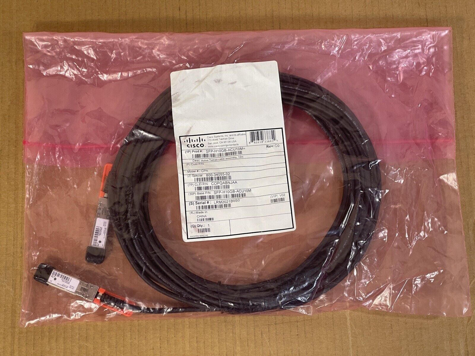 Cisco SFP-H10GB-ACU10M 10GBASE-CU Active Copper 10M Direct Attach Cable.