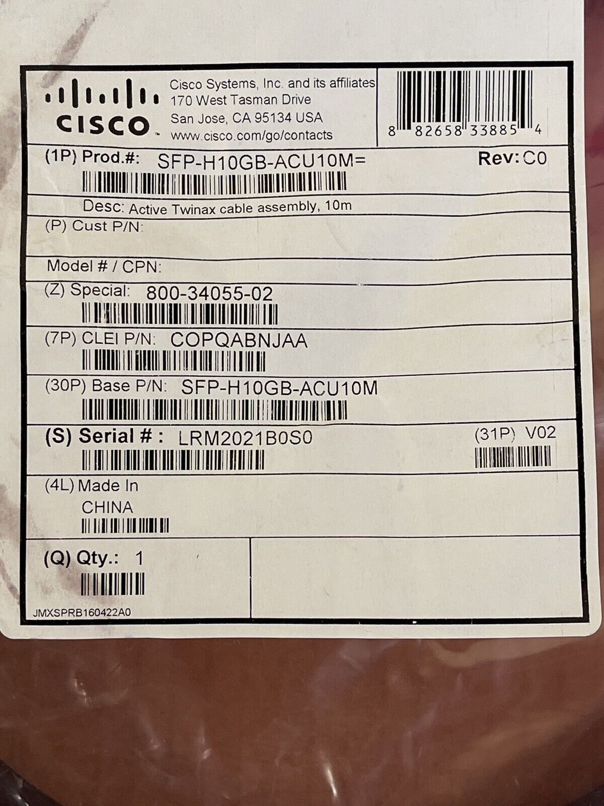 Cisco SFP-H10GB-ACU10M 10GBASE-CU Active Copper 10M Direct Attach Cable.