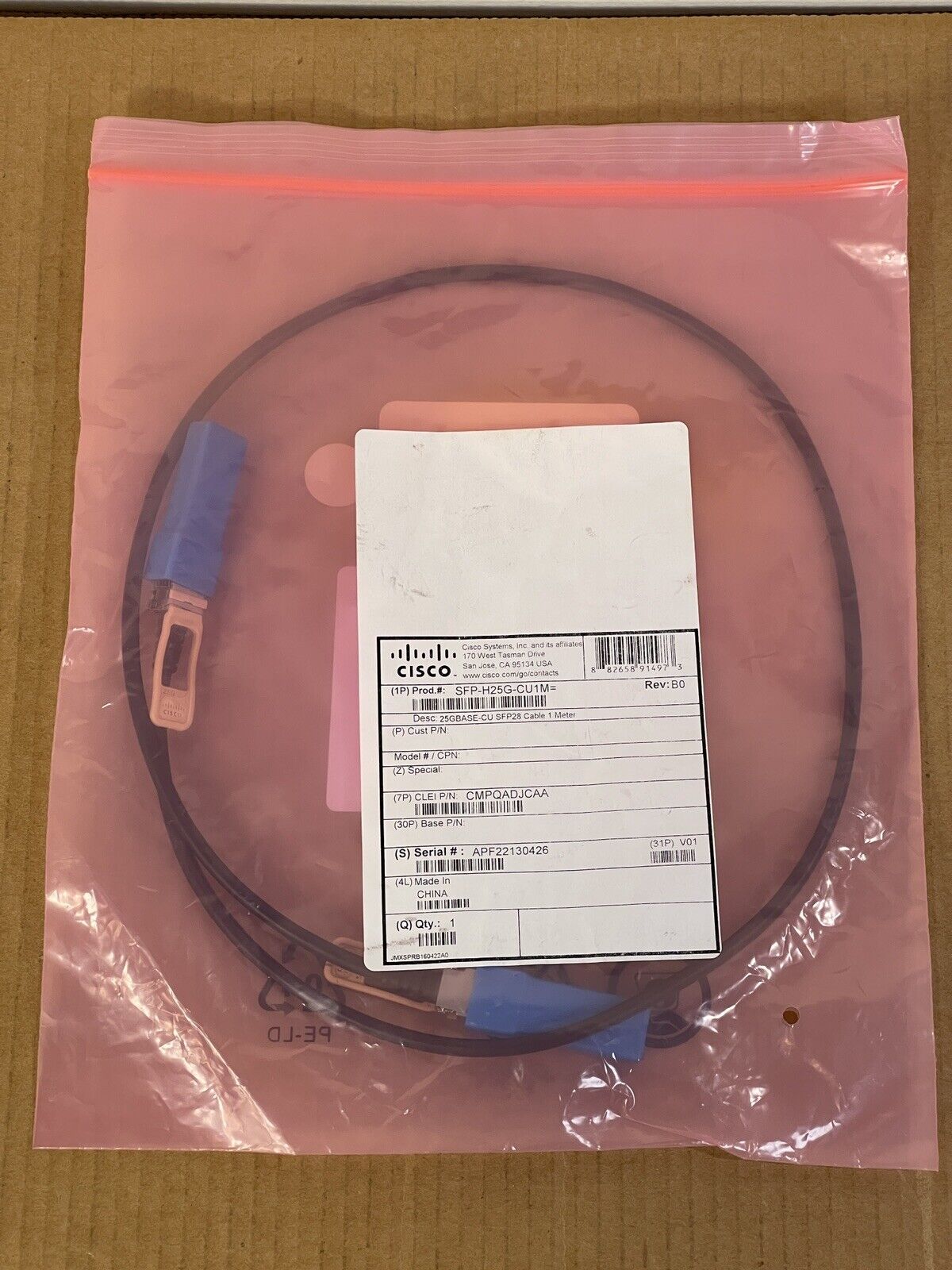 Cisco SFP-H25GB-CU1M 25GBASE-CU Passive Copper 1M Direct Attach Cable.