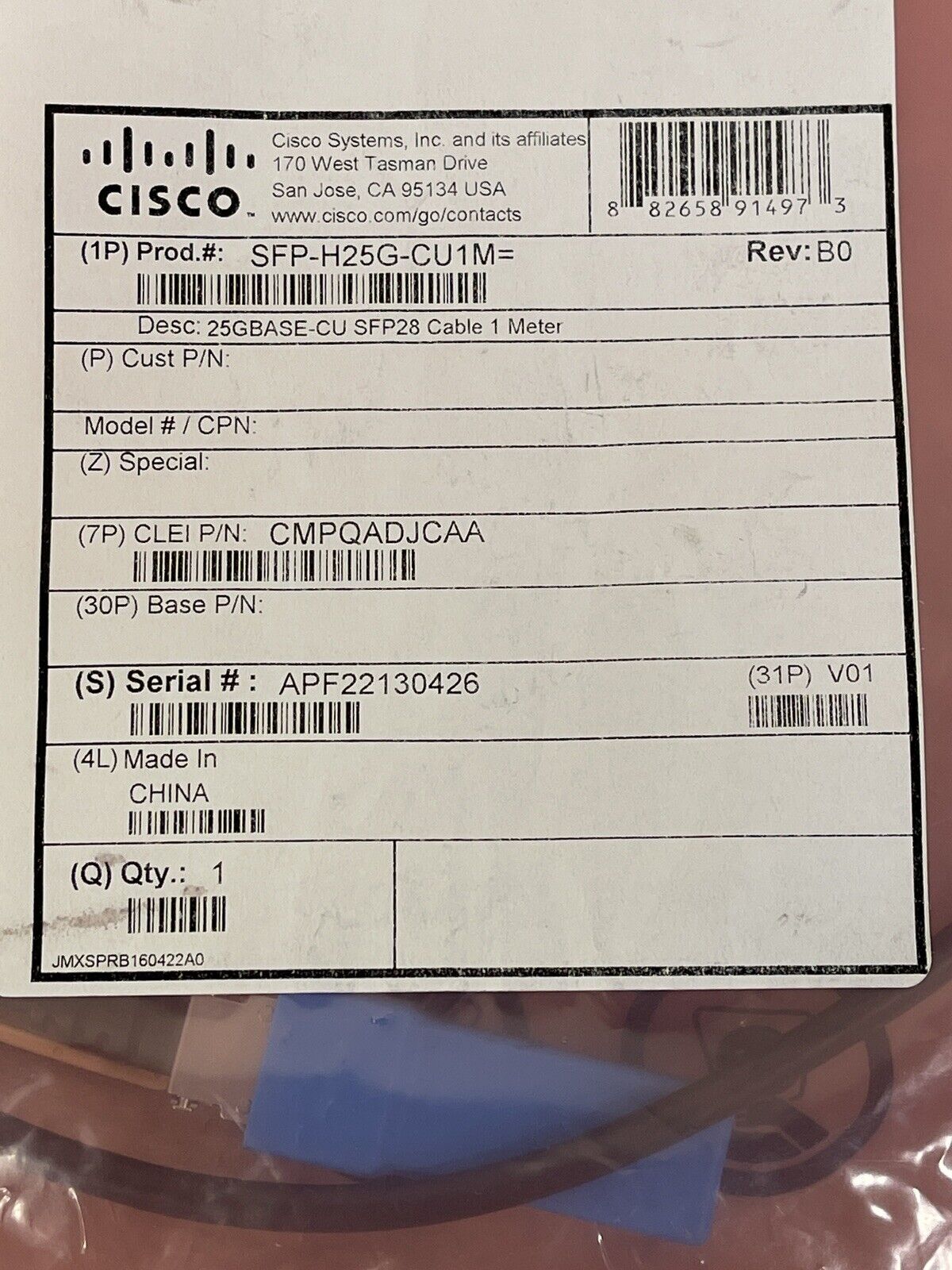 Cisco SFP-H25GB-CU1M 25GBASE-CU Passive Copper 1M Direct Attach Cable.