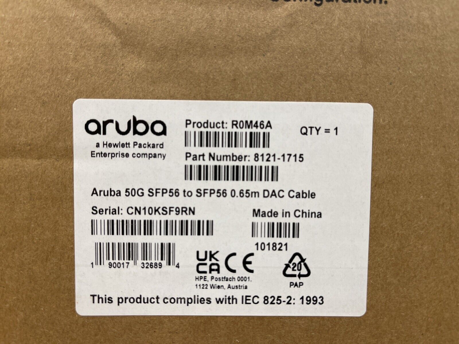 HPE Aruba Genuine 8121-1715 50GbE SFP56 to SFP56 0.65M DAC Direct Attach Cable 65cm 25.6in.