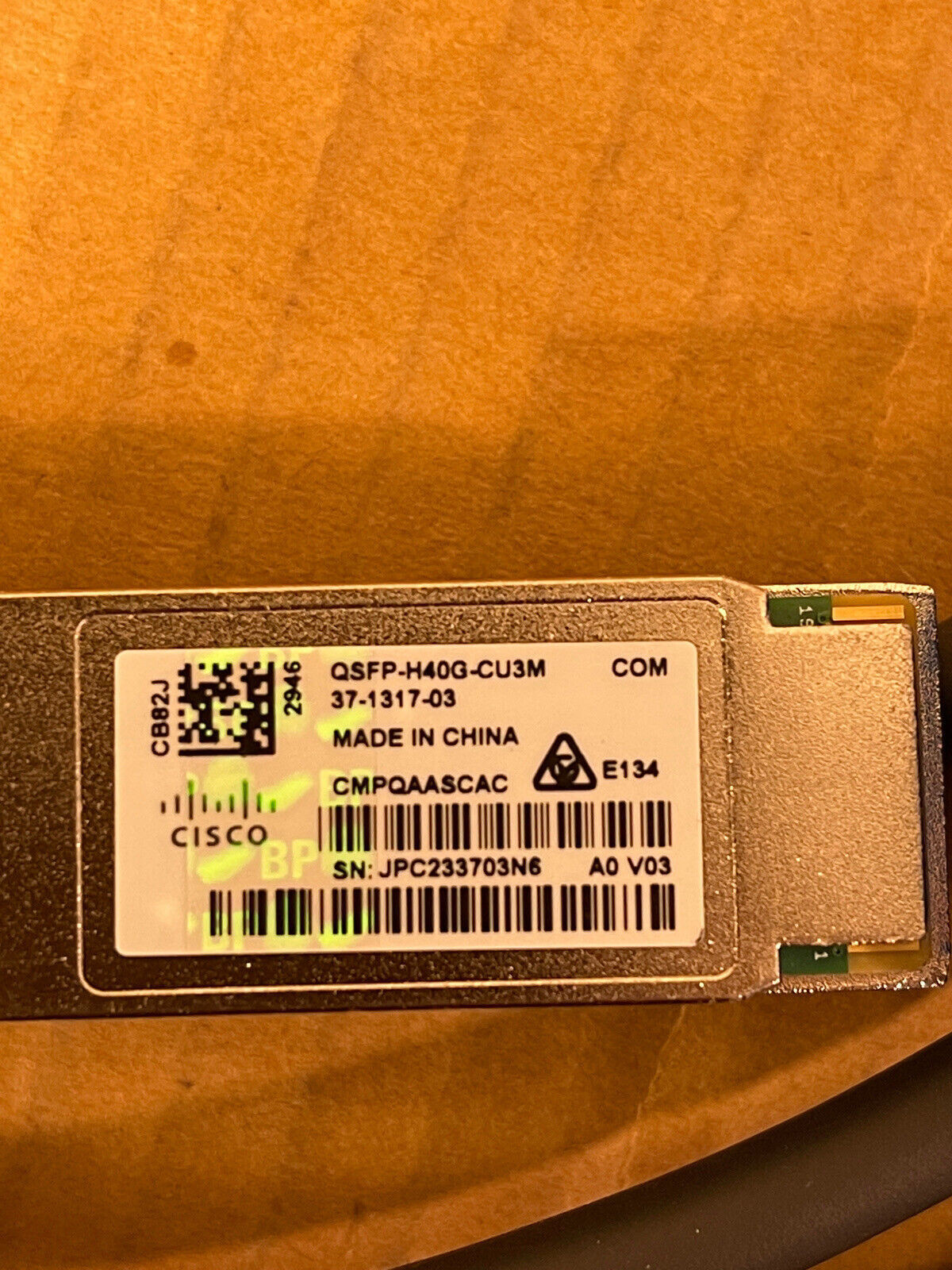 Cisco QSFP-H40G-CU3M 40GBASE-CR4 Passive Copper 3M Direct Attach Cable.