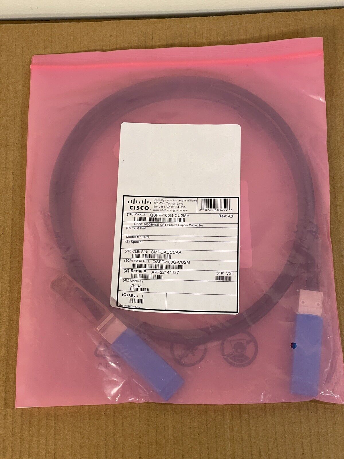 Cisco 37-1679-01 QSFP-100G-CU2M 100GBASE-CR4 Passive Copper 2M Direct Attach Cable.