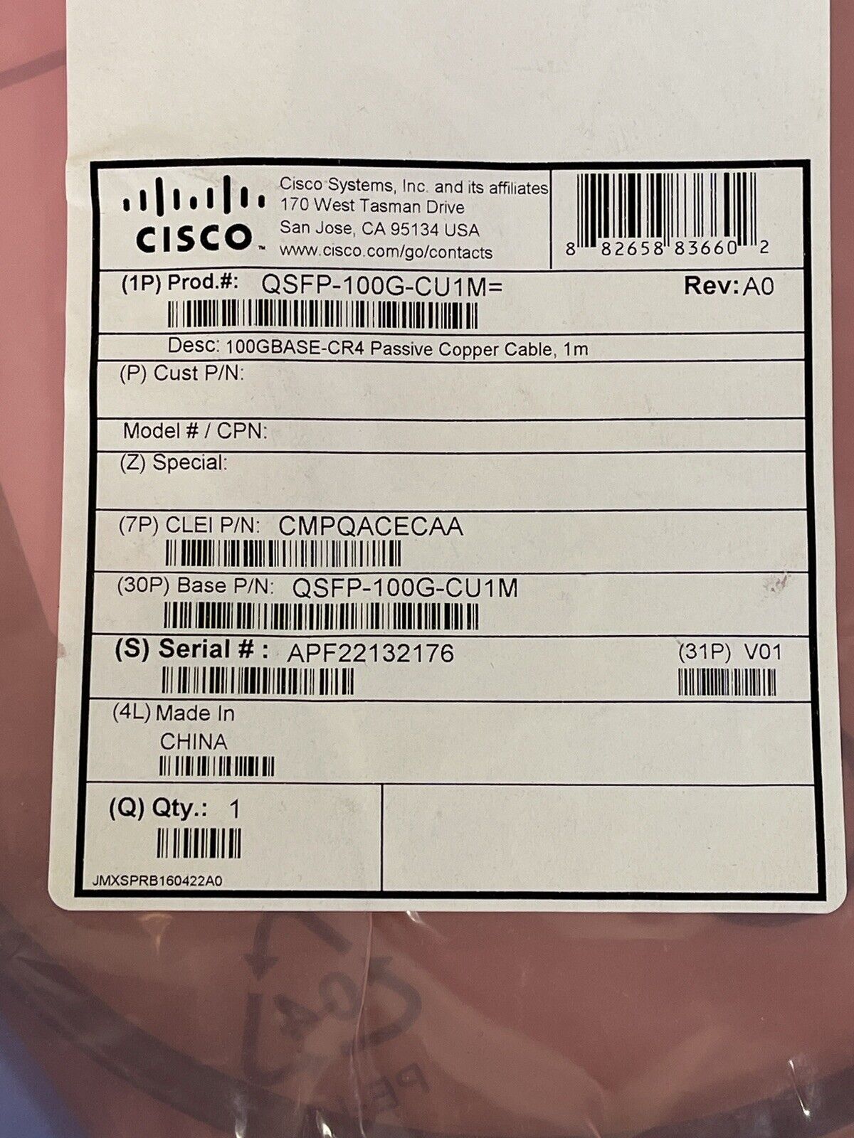 Cisco QSFP-100G-CU1M 100GBASE-CR4 Passive Copper 1M Direct Attach Cable.