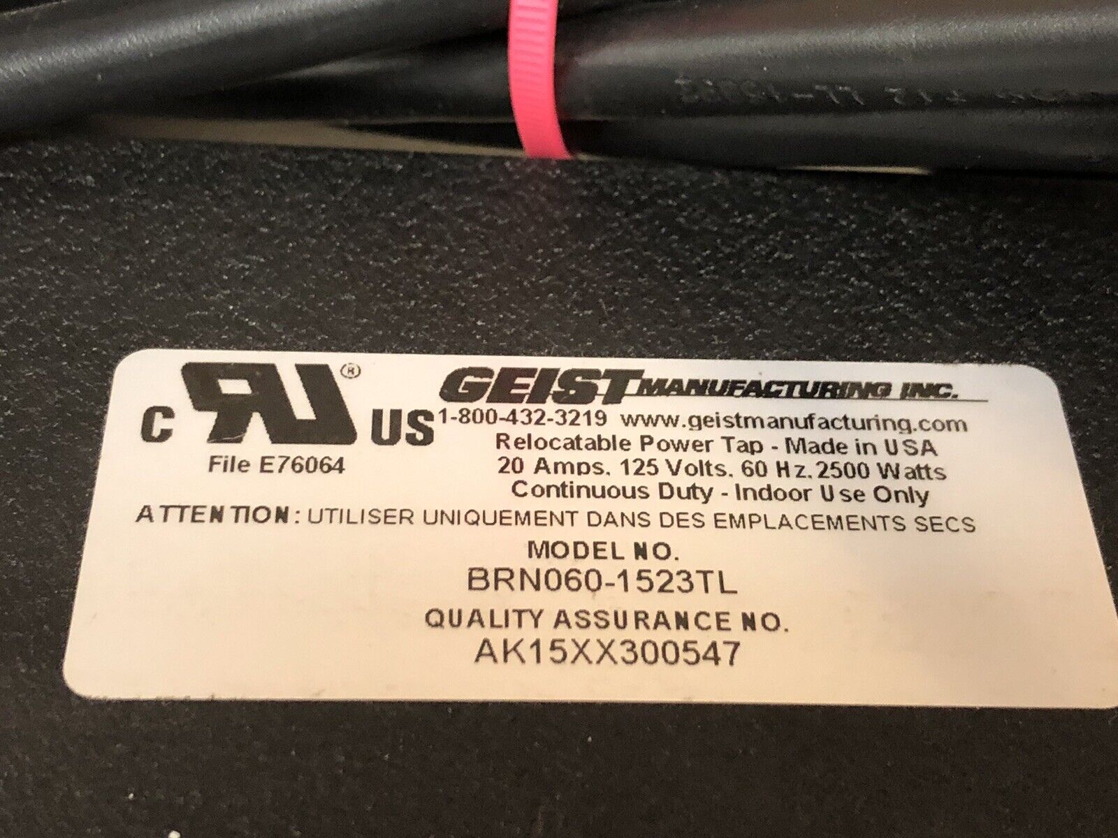 Geist PDU BRN060-1523TL 20A 120V Horizontal 6x NEMA 5-20R Breakered 15ft power cord L5-20P.