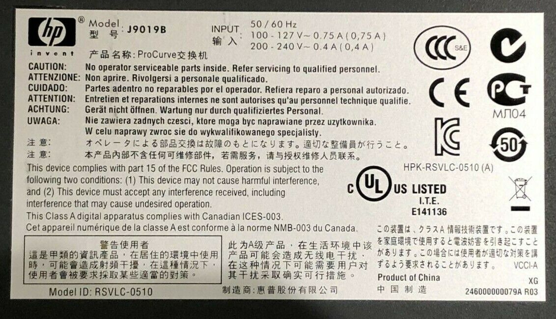 HP Procurve J9019B 2510 24 Port 10/100 Ethernet 2 Port Gigabit RJ-45 SFP Switch.