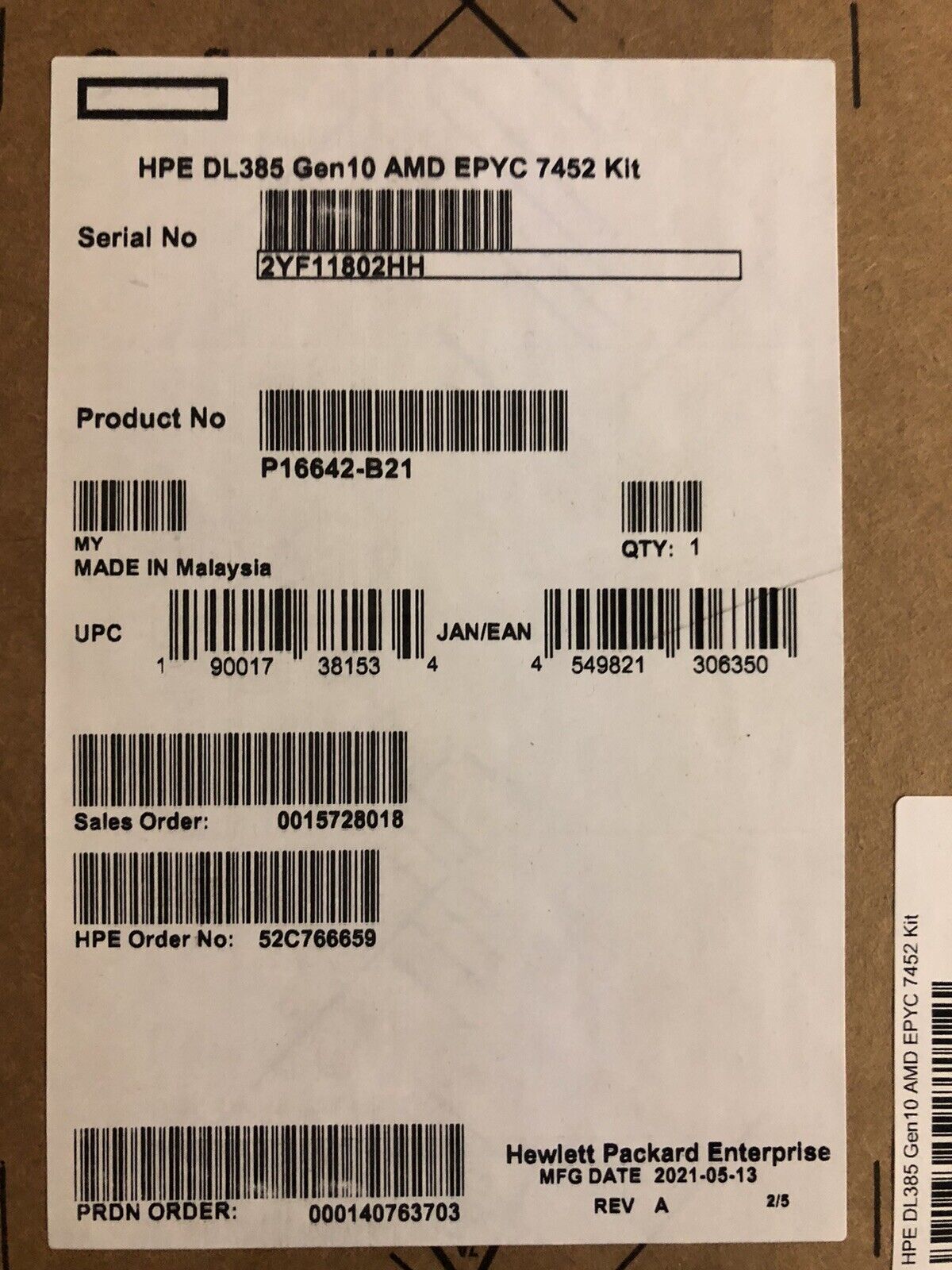 HPE P16642-B21 DL385 Gen10 AMD Epyc 7452 Kit