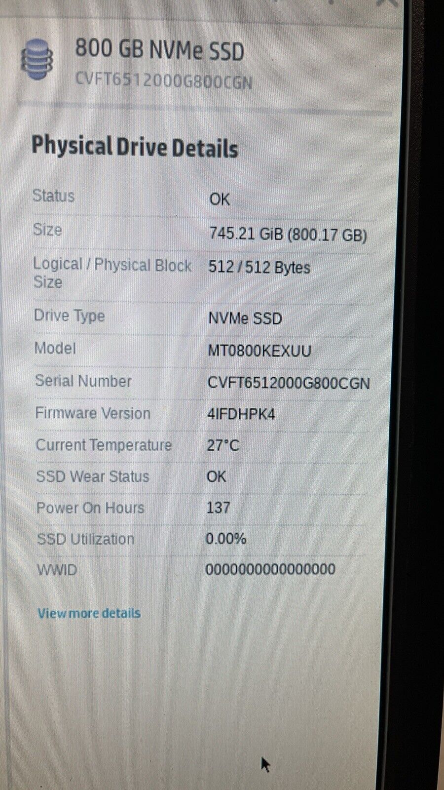 HPE Intel DC P3700 800GB NVMe Accelerator HHHL AIC 10 DWPD 14.6 PBW 100% 137 POH.