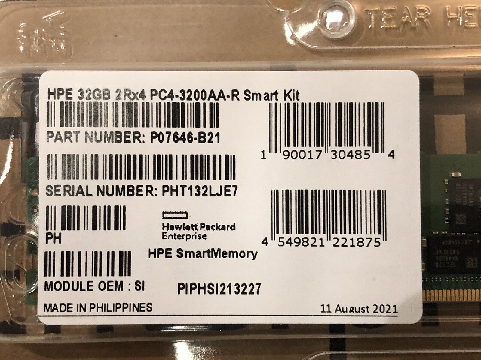 HPE P07646-B21 32GB 2Rx4 DDR4 PC4-3200AA-R 3200 MHz RDIMM Smart Kit Memory