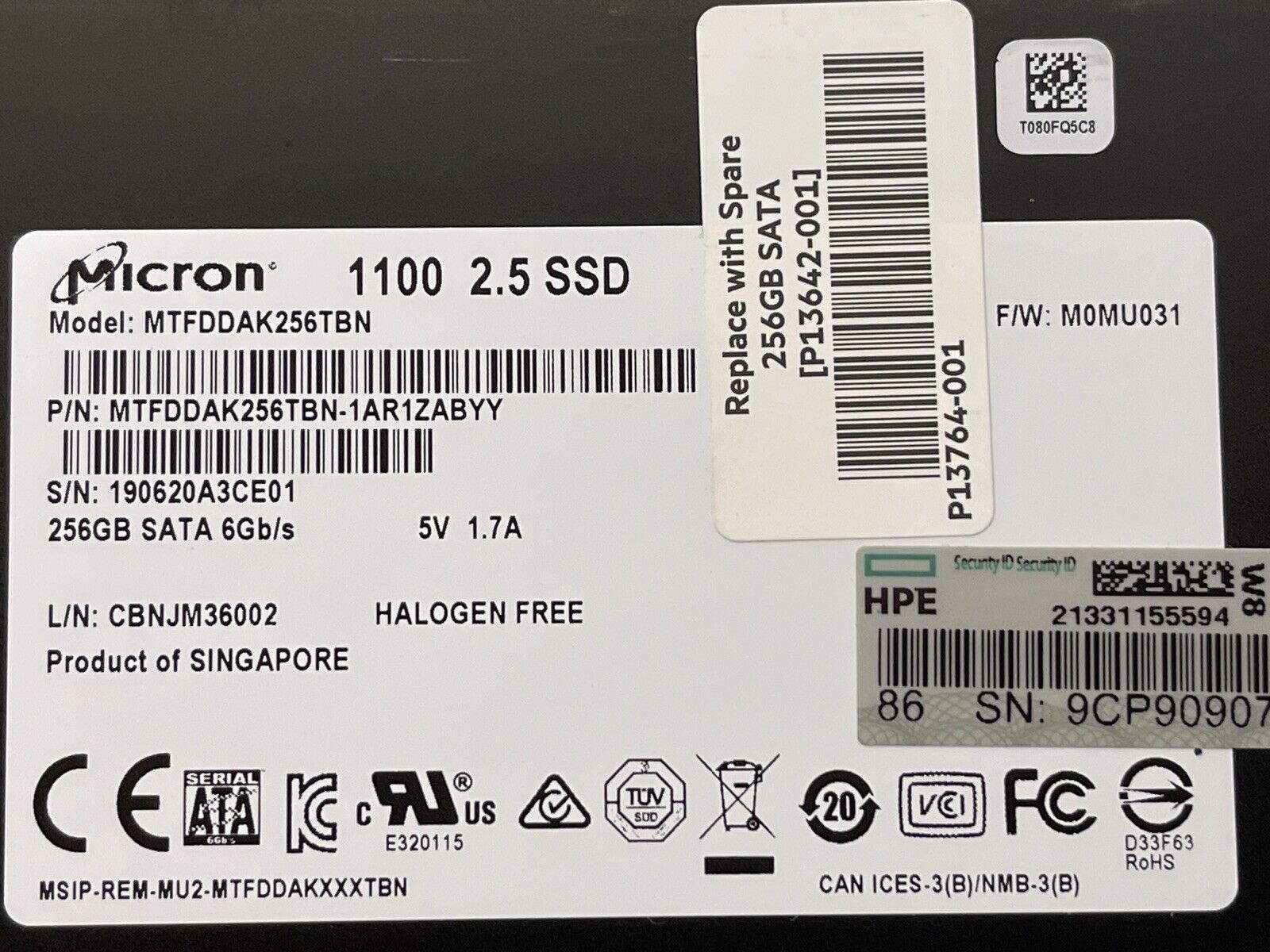 HPE P13642-001 256GB SATA 6Gb/s 2.5" SFF TLC SSD Solid State Drive
