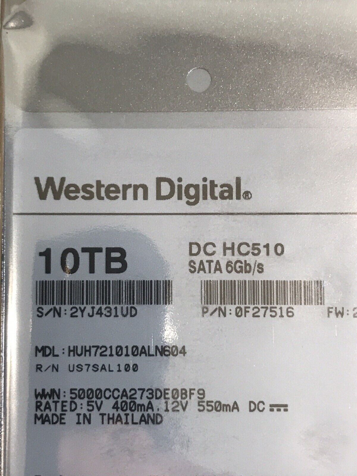 WD Ultrastar DC HC510 0F27516 10TB SATA 6Gb/s 7.2K rpm 3.5" LFF 4Kn HDD Hard Disk Drive