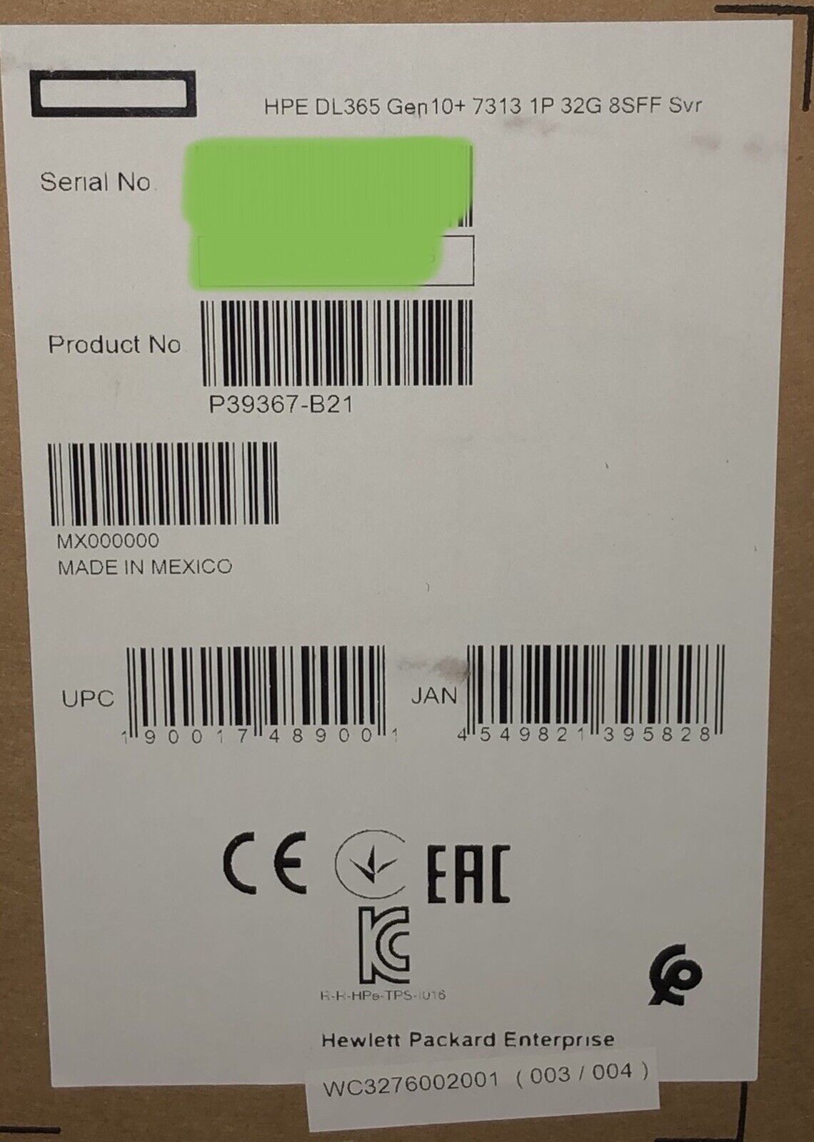 HPE P39367-B21 DL365 Gen10+ Plus EPYC 7313 16-core 3GHz 32GB RAM 8x SFF 800W P408i-a Rails.