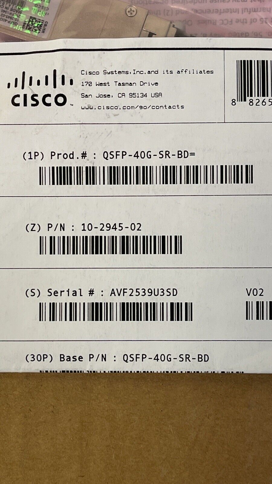 Cisco QSFP-40G-SR-BD 40GBASE-SR-BiDi Duplex MMF QSFP+ Module 10-2945-02.