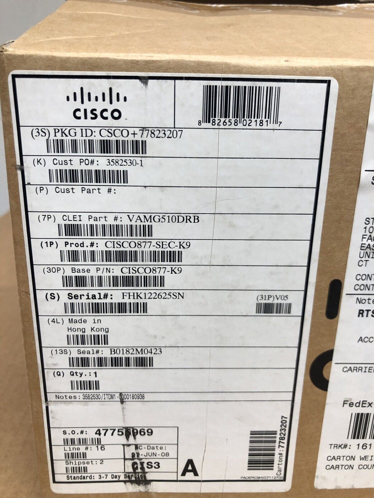 Cisco 877 CISCO877-SEC-K9 ADSL Integrated Services Router.