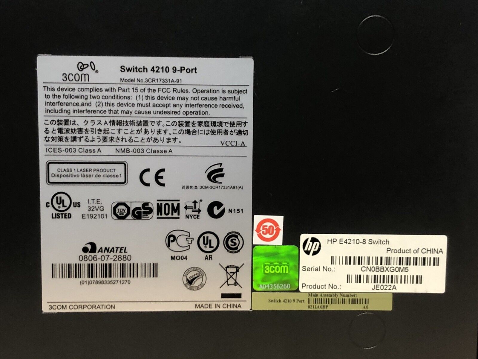 HP JE022A 3Com 8-Port 10/100 Mbps RJ45 SFP Switch Managed 1x RJ45/SFP Gigabit Uplink L2.