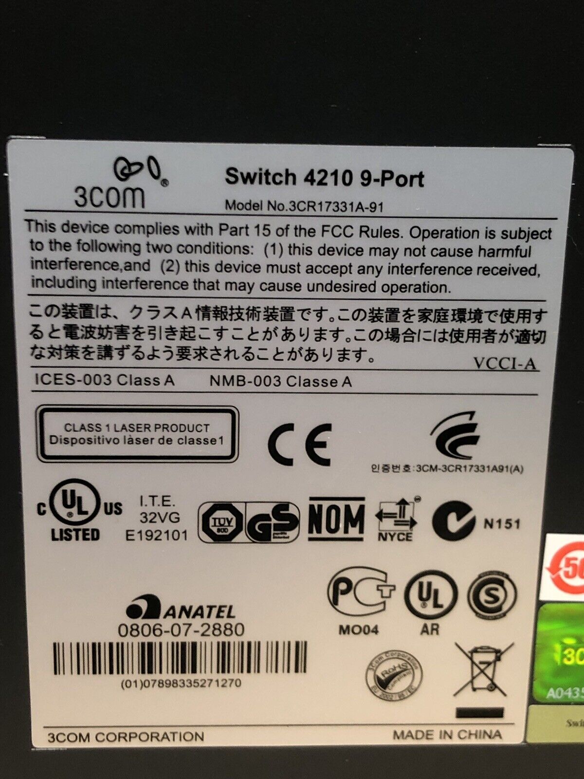 HP JE022A 3Com 8-Port 10/100 Mbps RJ45 SFP Switch Managed 1x RJ45/SFP Gigabit Uplink L2.