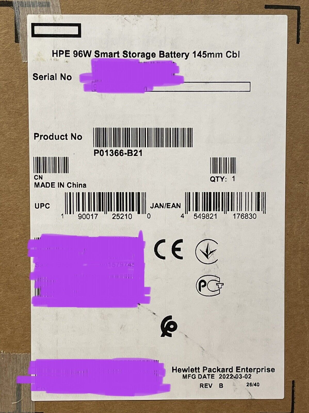 HPE P01366-B21 96W Smart Storage Battery with 145mm Cable Kit 871264-001 FBWC.