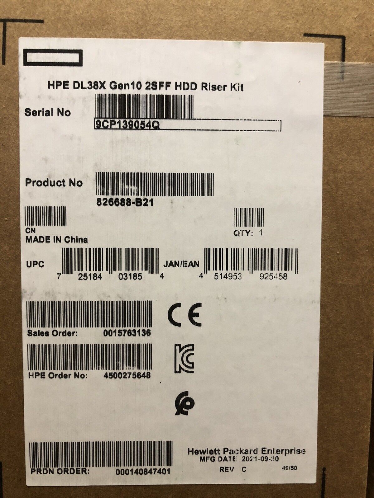 HPE 826688-B21 DL38x DL385 DL380 Gen10 Premium 2SFF HDD Riser Kit x16 PCI-e 3.0.